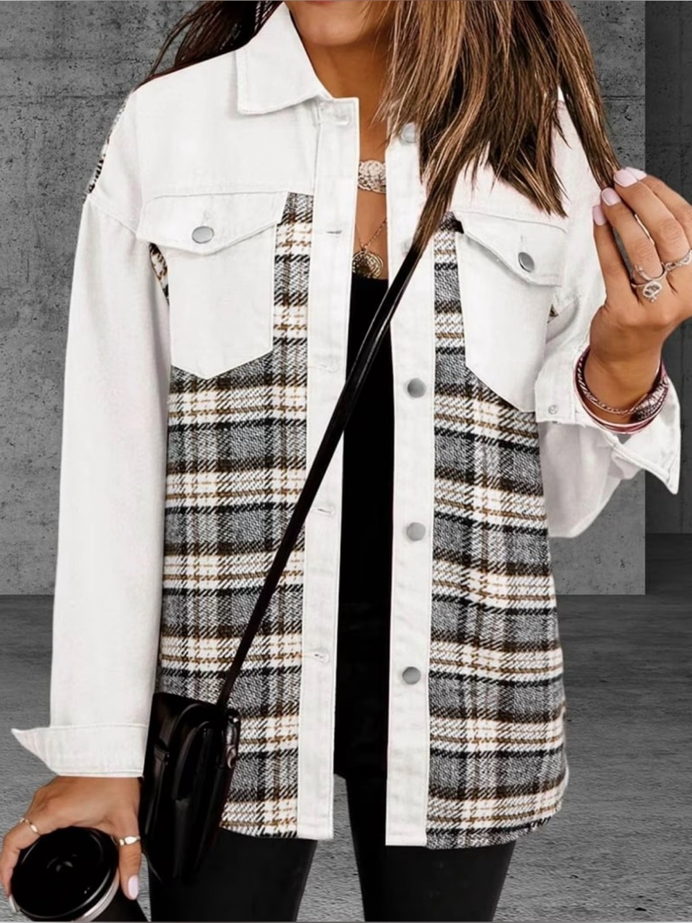 White Plaid Mixed-Media Shacket - Women Size XL New